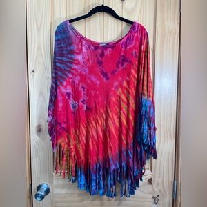 Women’s Tie Dye Poncho Rainbow Fringe Cotton One Size